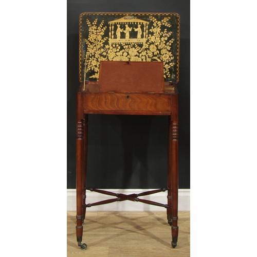 1438 - A Regency mahogany work table, hinged rounded rectangular top with Chinoiserie verso decorated with ... 