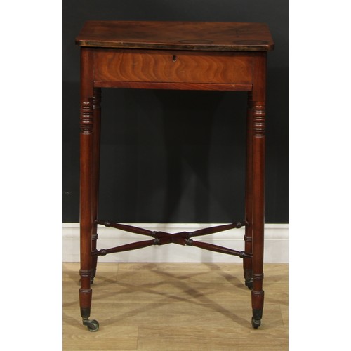 1438 - A Regency mahogany work table, hinged rounded rectangular top with Chinoiserie verso decorated with ... 