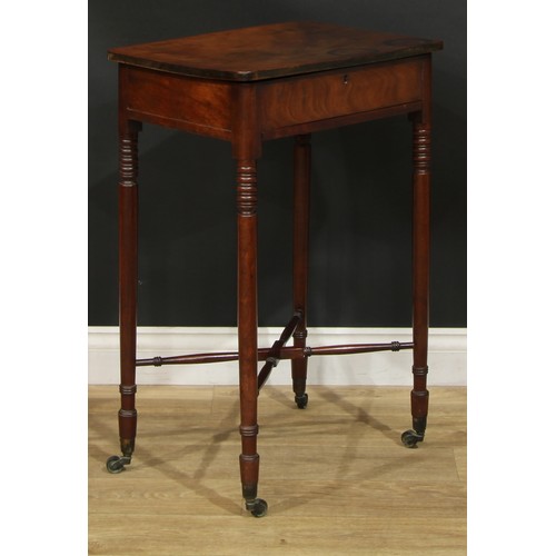 1438 - A Regency mahogany work table, hinged rounded rectangular top with Chinoiserie verso decorated with ... 