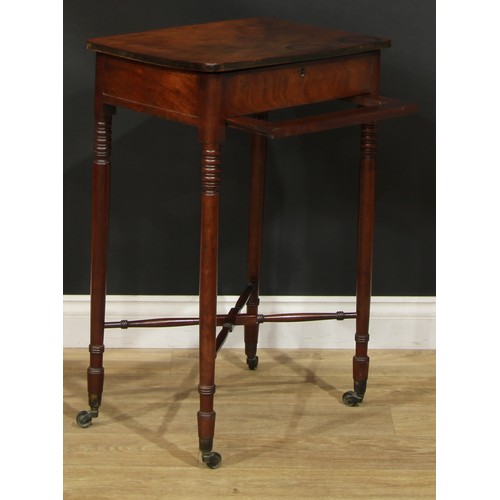 1438 - A Regency mahogany work table, hinged rounded rectangular top with Chinoiserie verso decorated with ... 