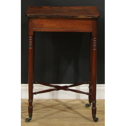 1438 - A Regency mahogany work table, hinged rounded rectangular top with Chinoiserie verso decorated with ... 