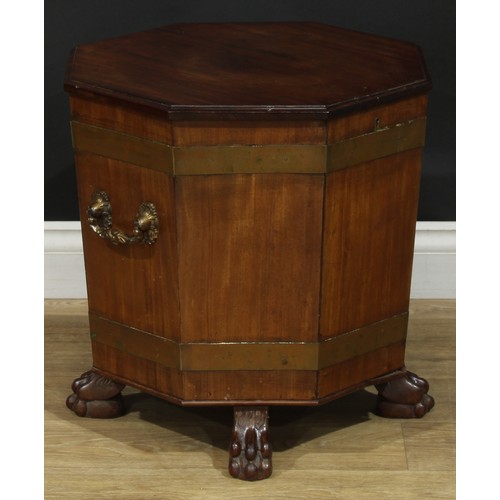 889 - A 19th century brass bound mahogany octagonal wine cooler, hinged top, carry handles to sides, ball ... 