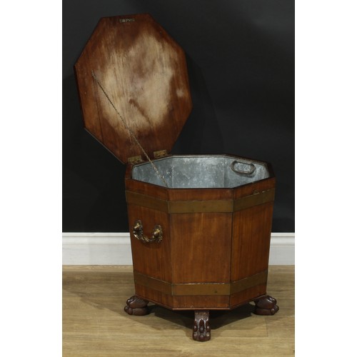 889 - A 19th century brass bound mahogany octagonal wine cooler, hinged top, carry handles to sides, ball ... 