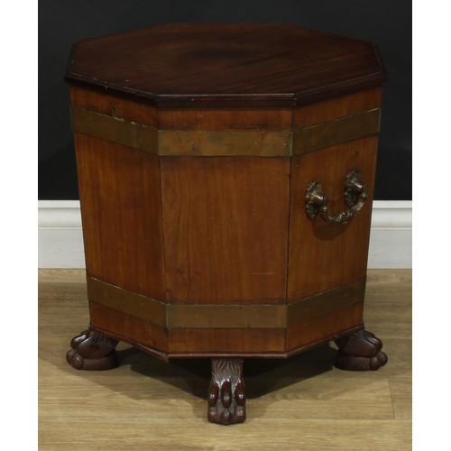 889 - A 19th century brass bound mahogany octagonal wine cooler, hinged top, carry handles to sides, ball ... 