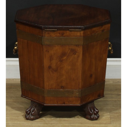 889 - A 19th century brass bound mahogany octagonal wine cooler, hinged top, carry handles to sides, ball ... 