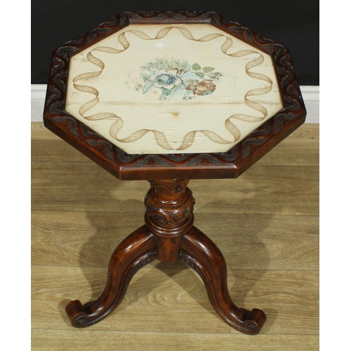 1411 - A pair of Victorian walnut tripod occasional tables, each with an octagonal top with inset glazed wa... 