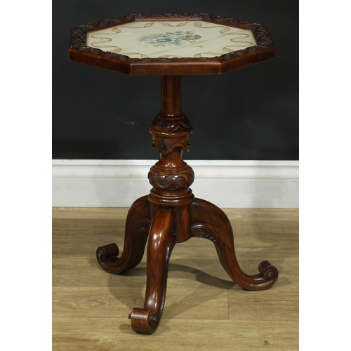 1411 - A pair of Victorian walnut tripod occasional tables, each with an octagonal top with inset glazed wa... 