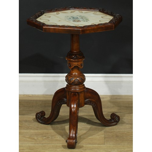 1411 - A pair of Victorian walnut tripod occasional tables, each with an octagonal top with inset glazed wa... 