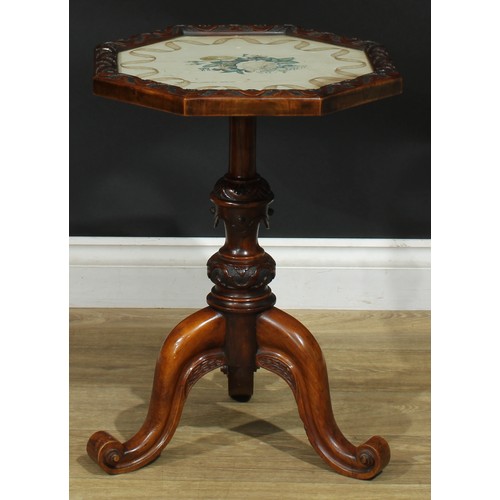 1411 - A pair of Victorian walnut tripod occasional tables, each with an octagonal top with inset glazed wa... 