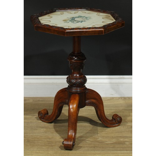 1411 - A pair of Victorian walnut tripod occasional tables, each with an octagonal top with inset glazed wa... 