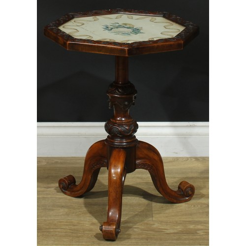 1411 - A pair of Victorian walnut tripod occasional tables, each with an octagonal top with inset glazed wa... 