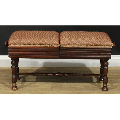 1331 - A late Victorian duet piano stool, by Brooks Limited, each stuffed-over seat individually height-adj... 