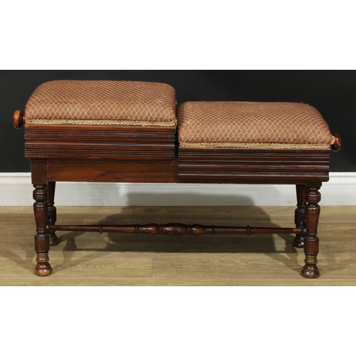 1331 - A late Victorian duet piano stool, by Brooks Limited, each stuffed-over seat individually height-adj... 