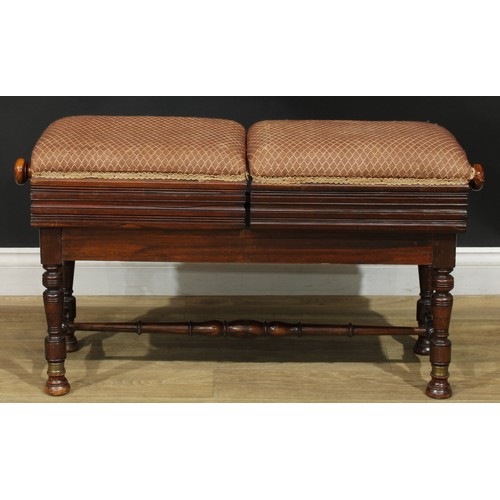 1331 - A late Victorian duet piano stool, by Brooks Limited, each stuffed-over seat individually height-adj... 