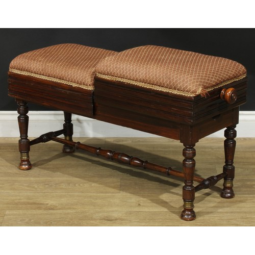 1331 - A late Victorian duet piano stool, by Brooks Limited, each stuffed-over seat individually height-adj... 