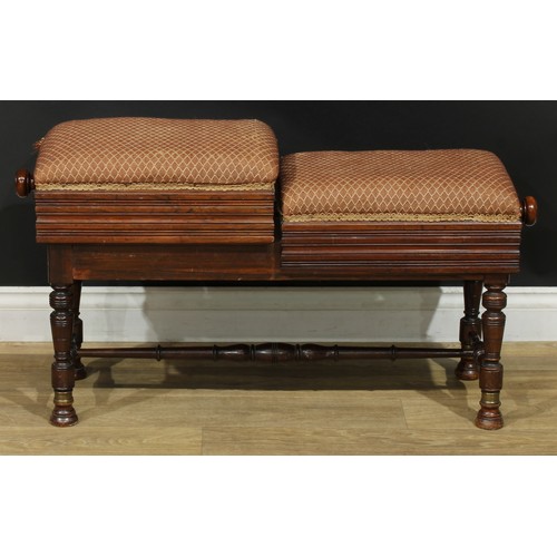 1331 - A late Victorian duet piano stool, by Brooks Limited, each stuffed-over seat individually height-adj... 