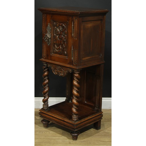 1322 - A late 19th century French bedroom night cupboard, rectangular top with moulded edge above a panel d... 