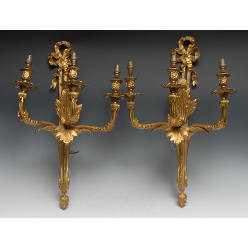 1192 - A pair of large Neo-Classical Revival ormolu three branch wall sconces, ribbon crestings, converted ... 