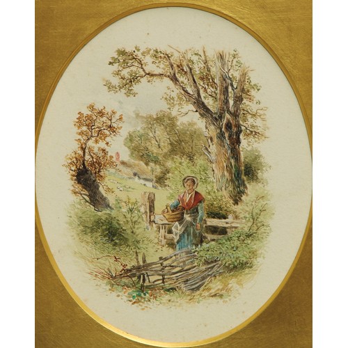 578 - Birket Foster
A Pair, Pastoral Idylls
attribution to mounts, watercolours, oval, 16.5cm x 13.5cm