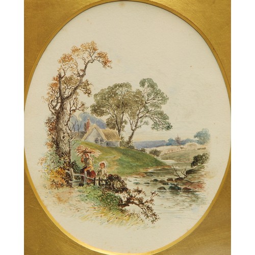 578 - Birket Foster
A Pair, Pastoral Idylls
attribution to mounts, watercolours, oval, 16.5cm x 13.5cm