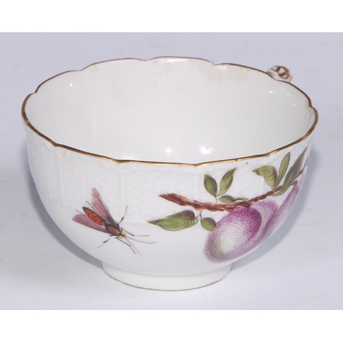 523 - A Meissen cup and saucer, painted in polychrome with insects, fruit and fungi, on a moulded ground, ... 