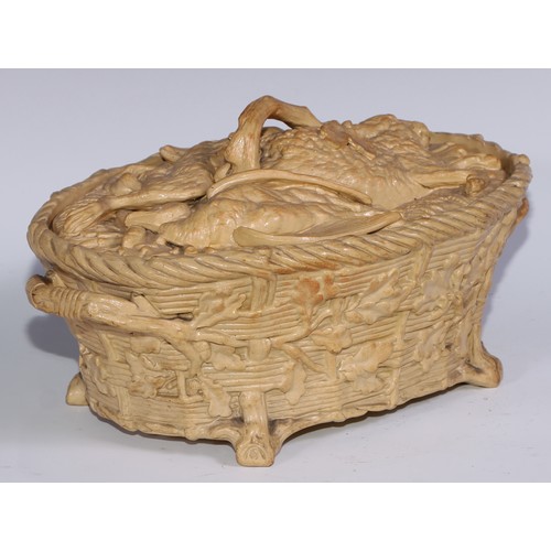 442 - A 19th century drabware oval game pie dish and cover, as a basket of game, 34cm wide, c.1850