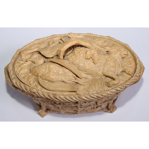 442 - A 19th century drabware oval game pie dish and cover, as a basket of game, 34cm wide, c.1850