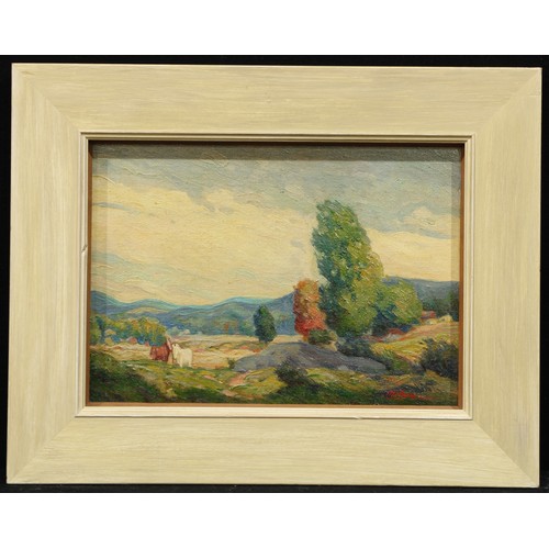 591 - **mann
Impressionist Landscape with Horses
indistinctly signed, oil on board, 24cm x 35cm