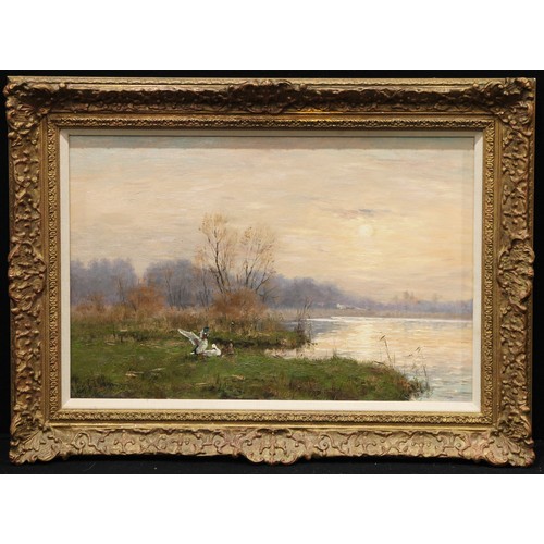 652 - English School (20th century)
Evening, Ducks on the Riverbank 
indistinctly signed, oil on canvas, 3... 