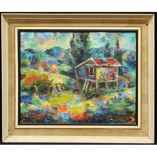 594 - Aozya? (Russian 20th century)
Abstract Landscape with Building
signed, oil on canvas, 38cm x 49cm