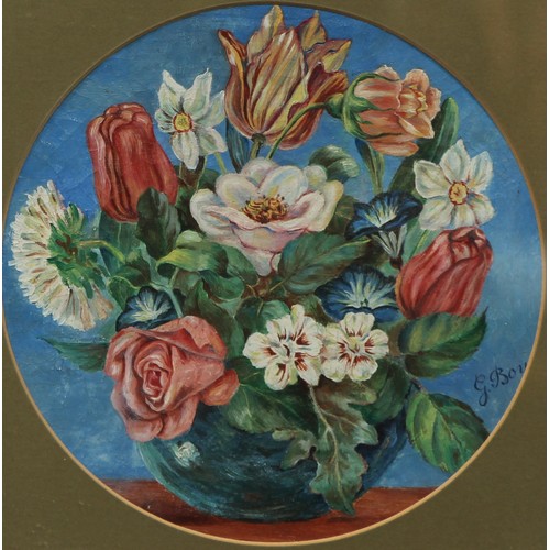 678 - G Boye
A pair, Still Life, Vases of Flowers
signed, oil on canvas, circular, 19cm diam