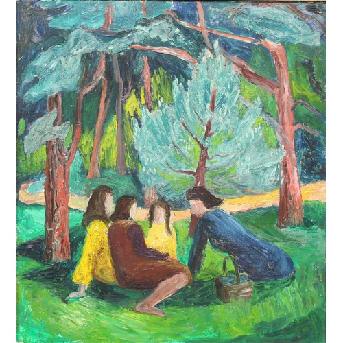 707 - Mavis Freer 
Picnic Time
signed, oil on panel, 53cm x 47.5cm