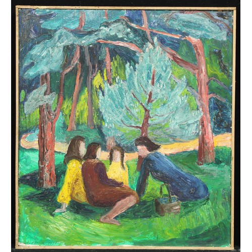 707 - Mavis Freer 
Picnic Time
signed, oil on panel, 53cm x 47.5cm