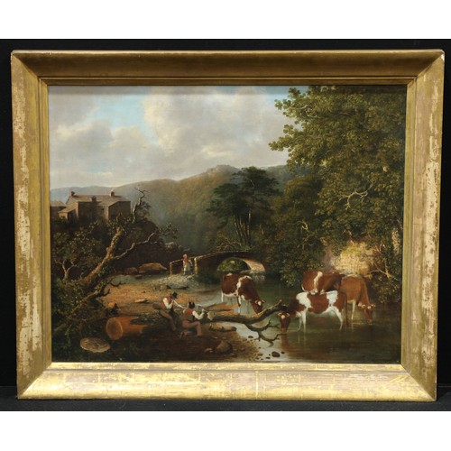 654 - English School (early 19th century)
Chopping Wood and Watering Cattle
oil on canvas, 65cm x 82cm