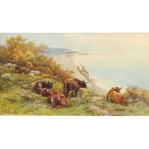 702 - Thomas Rowden (1842 - 1926)
Cattle and Sheep Grazing the Cliff Tops
signed, watercolour, 30cm x 53cm