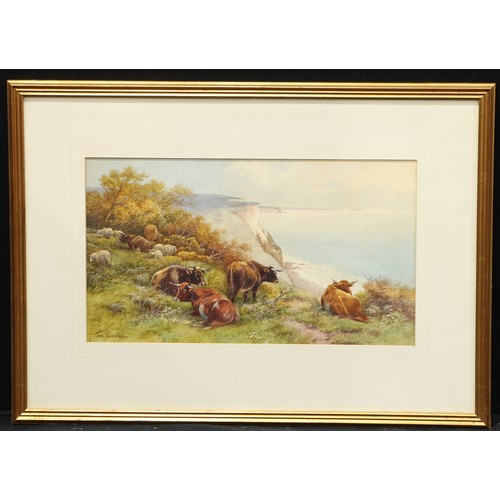 702 - Thomas Rowden (1842 - 1926)
Cattle and Sheep Grazing the Cliff Tops
signed, watercolour, 30cm x 53cm