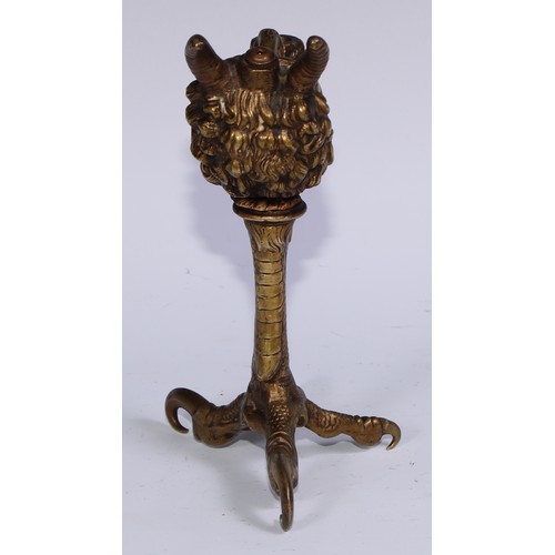 206 - A Renaissance Revival gilt bronze lamp, cast as the head of Pan, raised on a talon support, 20cm hig... 