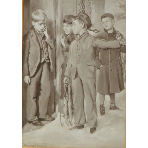 669 - Harold Coppling, a pair, sepia illustrations, Waiting for the School Bell, 13.5cm x 9.5cm