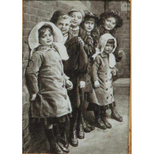 669 - Harold Coppling, a pair, sepia illustrations, Waiting for the School Bell, 13.5cm x 9.5cm