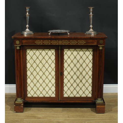 1441 - A Regency rosewood and brass marquetry side cabinet, rectangular top above a pair of panel doors, ea... 