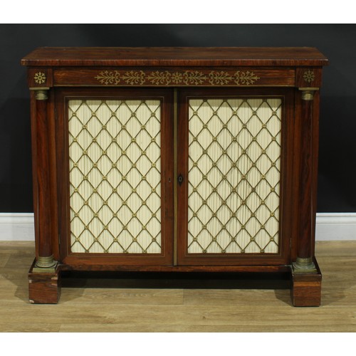 1441 - A Regency rosewood and brass marquetry side cabinet, rectangular top above a pair of panel doors, ea... 