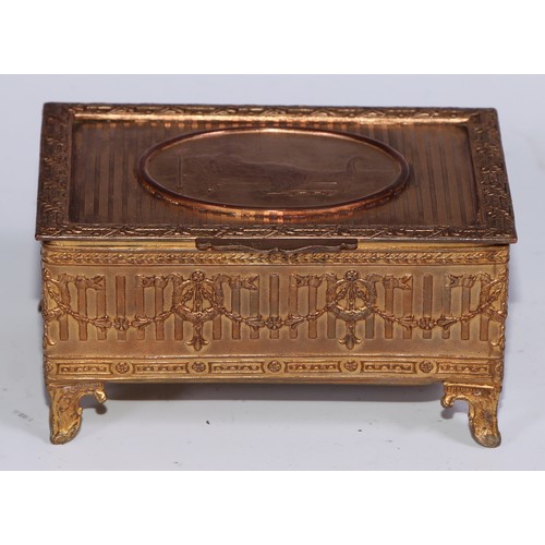 878 - A 19th century French gilt electrotype oval table casket, hinged cover, leafy cartouche shaped feet,... 