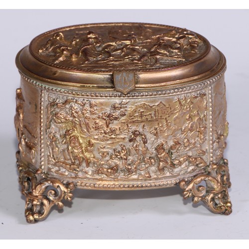 878 - A 19th century French gilt electrotype oval table casket, hinged cover, leafy cartouche shaped feet,... 