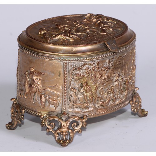 878 - A 19th century French gilt electrotype oval table casket, hinged cover, leafy cartouche shaped feet,... 