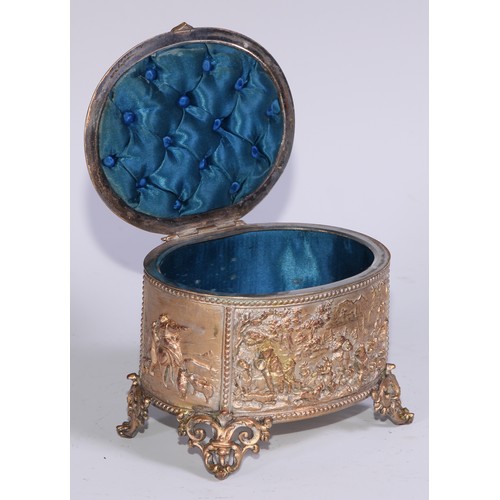 878 - A 19th century French gilt electrotype oval table casket, hinged cover, leafy cartouche shaped feet,... 