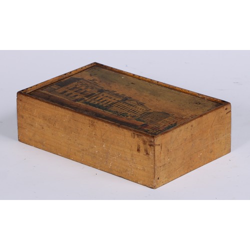 1070 - A 19th century Tunbridge ware type rectangular box and cover, applied with a named view topographica... 