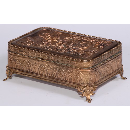 1248 - A French gilt metal rounded rectangular table casket, hinged cover with electrotype panel in the man... 