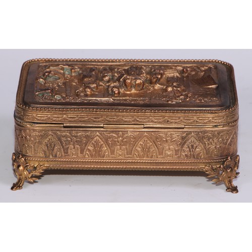 1248 - A French gilt metal rounded rectangular table casket, hinged cover with electrotype panel in the man... 