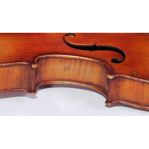 842 - A violin, the two-piece back 36cm excluding button, outlined throughout with purfling, 60cm long ove... 