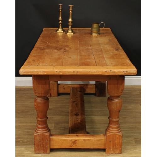 992 - A 19th century pine refectory dining table, rectangular top, turned supports, H-stretcher, 77cm high... 